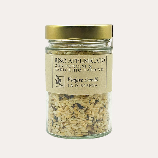Preparato per risotto di Riso Arborio affumicato al legno d’acero con radicchio e funghi porcini essiccati